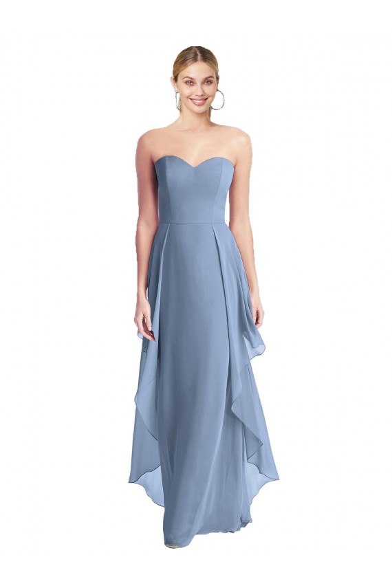 Vendeurs de Bleu poussiéreux Trapèze Sans bretelle Mousseline Longue Robes demoiselle d'honneur