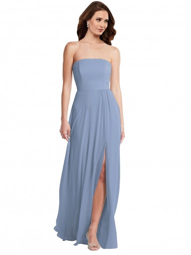 Vendeurs de Bleu poussiéreux Trapèze Sans bretelle Mousseline Longue Robes demoiselle d'honneur