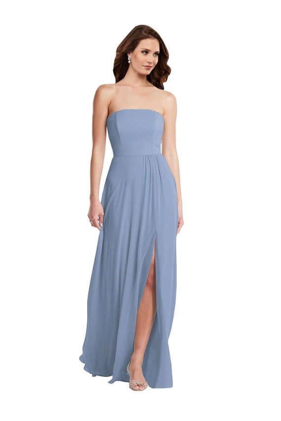 Vendeurs de Bleu poussiéreux Trapèze Sans bretelle Mousseline Longue Robes demoiselle d'honneur