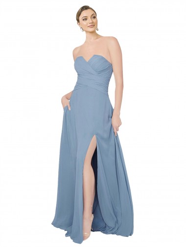 Vendeurs de Bleu poussiéreux Trapèze Sans bretelle Mousseline Longue Robes demoiselle d'honneur