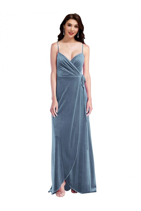 Vendeurs de Bleu poussiéreux Trapèze Velours Stretch Longue Robes demoiselle d'honneur / Robes de bal