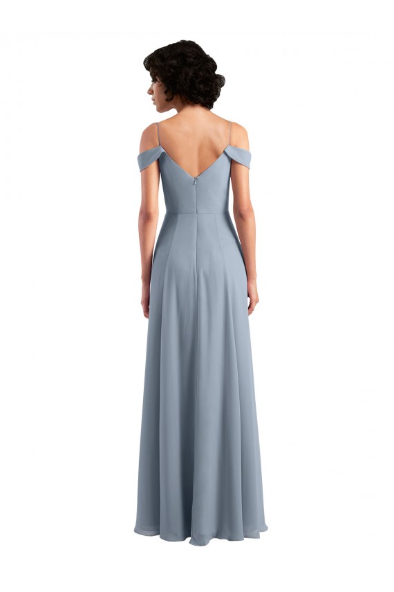Vendeurs de Bleu poussiéreux Trapèze Épaule Dénudée Bretelles spaghetti Mousseline Longue Robes demoiselle d'honneur