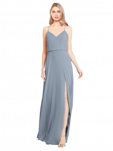 Vendeurs de Bleu poussiéreux Trapèze Épaule Dénudée Bretelles spaghetti Mousseline Longue Robes demoiselle d'honneur