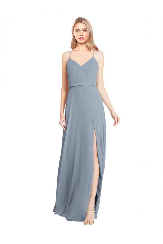 Vendeurs de Bleu poussiéreux Trapèze Épaule Dénudée Bretelles spaghetti Mousseline Longue Robes demoiselle d'honneur