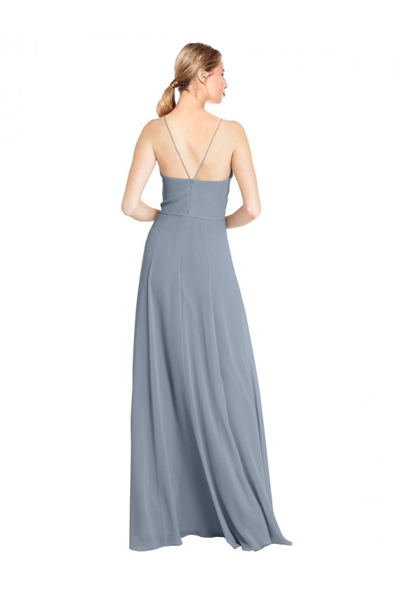 Vendeurs de Bleu poussiéreux Trapèze Épaule Dénudée Bretelles spaghetti Mousseline Longue Robes demoiselle d'honneur