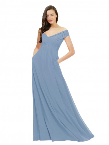 Vendeurs de Bleu poussiéreux Trapèze Épaule Dénudée Mousseline Longue Robes demoiselle d'honneur