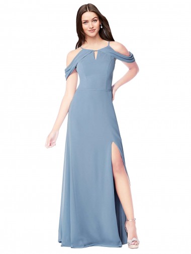 Vendeurs de Bleu poussiéreux Trapèze Épaule Dénudée Mousseline Longue Robes demoiselle d'honneur