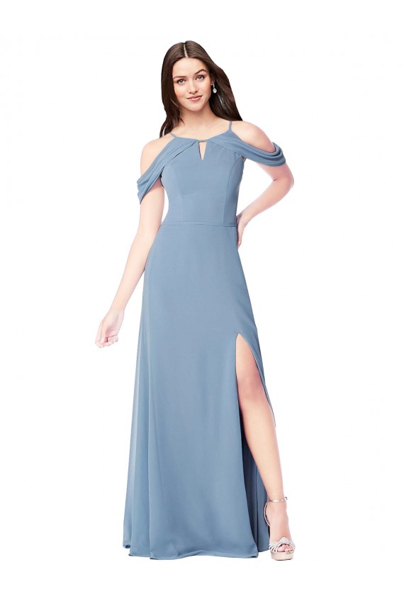 Vendeurs de Bleu poussiéreux Trapèze Épaule Dénudée Mousseline Longue Robes demoiselle d'honneur