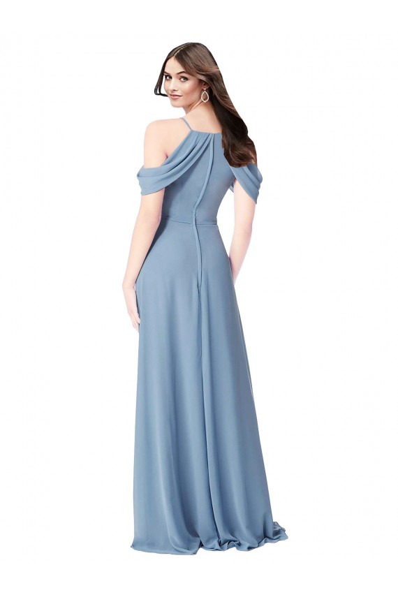 Vendeurs de Bleu poussiéreux Trapèze Épaule Dénudée Mousseline Longue Robes demoiselle d'honneur