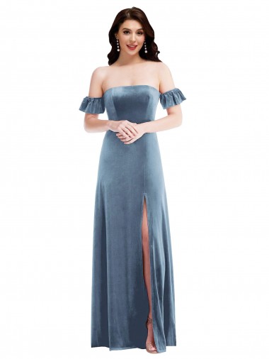 Vendeurs de Bleu poussiéreux Trapèze Épaule Dénudée Velours Stretch Longue Robes demoiselle d'honneur / Robes de bal