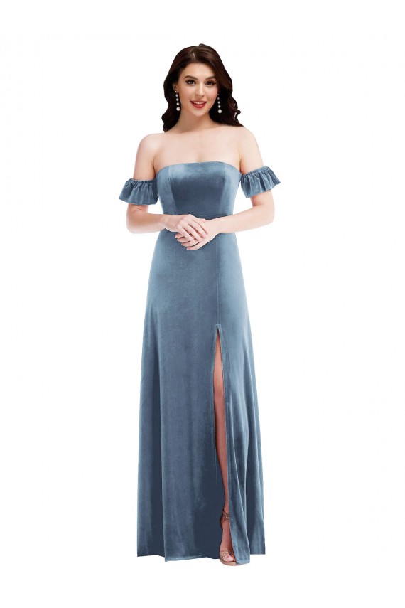 Vendeurs de Bleu poussiéreux Trapèze Épaule Dénudée Velours Stretch Longue Robes demoiselle d'honneur / Robes de bal
