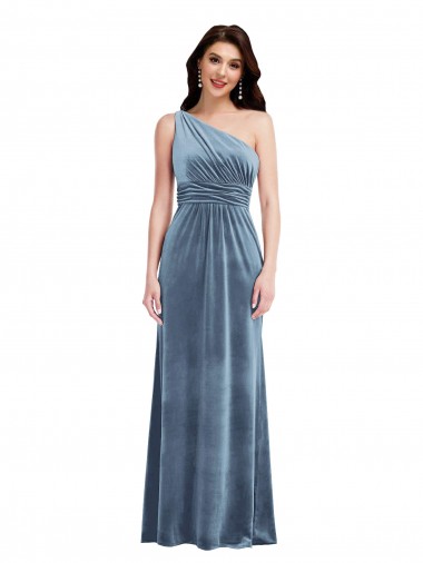 Vendeurs de Bleu poussiéreux Trapèze Épaule Dénudée Velours Stretch Longue Robes demoiselle d'honneur / Robes de bal