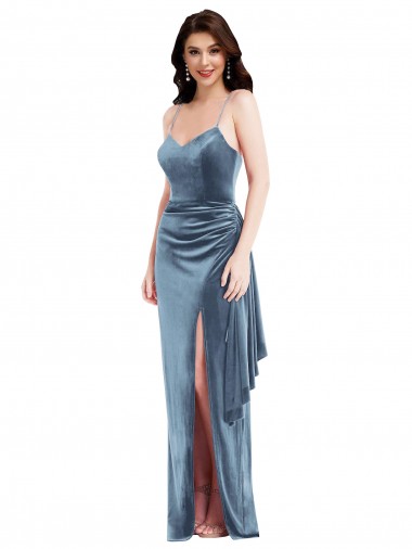 Vendeurs de Bleu poussiéreux Trompette Bretelles spaghetti Velours Stretch Longue Formelles Robes demoiselle d'honneur / Robes de soirée / Robes de bal