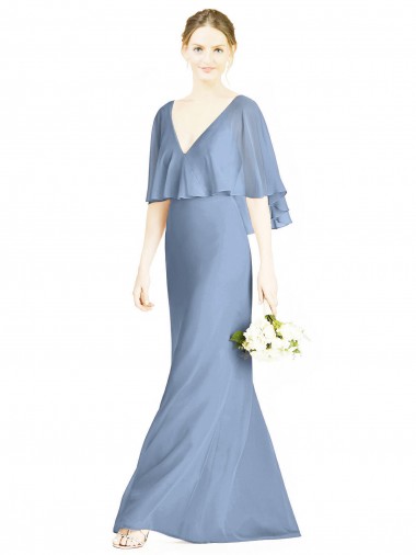 Vendeurs de Bleu poussiéreux Trompette Col V Mousseline Longue Robes demoiselle d'honneur