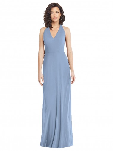 Vendeurs de Bleu poussiéreux Trompette Licou Col V Mousseline Longue Formelles Robes demoiselle d'honneur / Robes de soirée