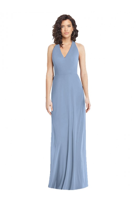 Vendeurs de Bleu poussiéreux Trompette Licou Col V Mousseline Longue Formelles Robes demoiselle d'honneur / Robes de soirée