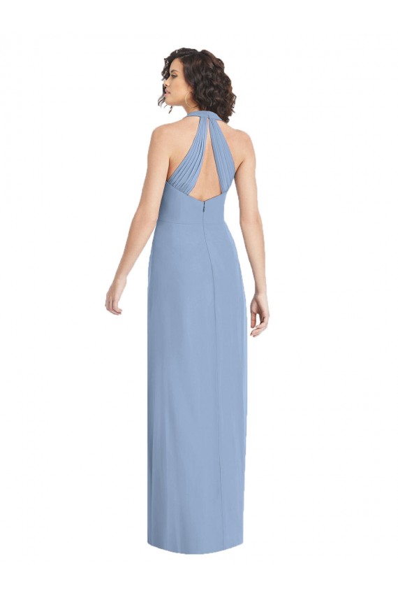 Vendeurs de Bleu poussiéreux Trompette Licou Col V Mousseline Longue Formelles Robes demoiselle d'honneur / Robes de soirée