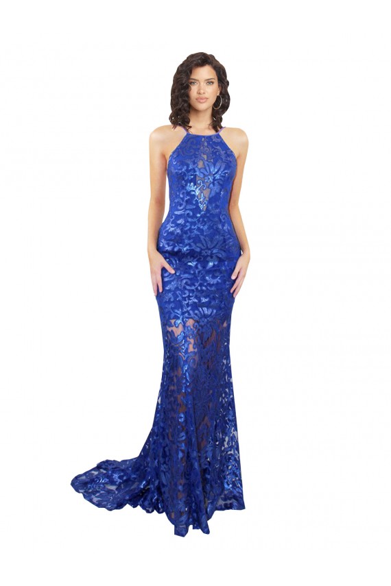 Vendeurs de Bleu roi Sirène Col Haut Dentelle Longue Robes demoiselle d'honneur / Robes de bal