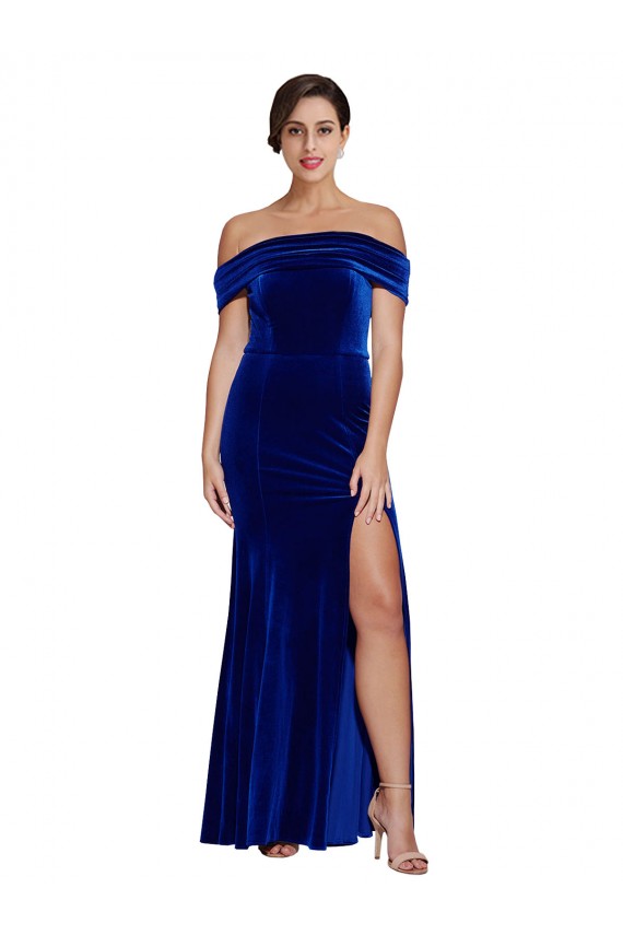 Vendeurs de Bleu roi Sirène Épaule Dénudée Velours Stretch Longue Formelles Robes demoiselle d'honneur / Robes de soirée / Robes de bal