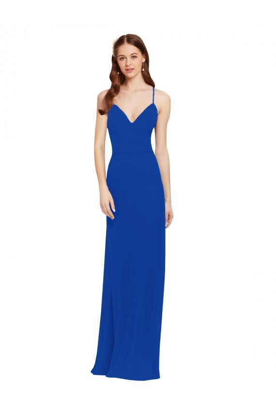 Vendeurs de Bleu roi Trapèze Bretelles spaghetti Col V Mousseline Longue Robes demoiselle d'honneur