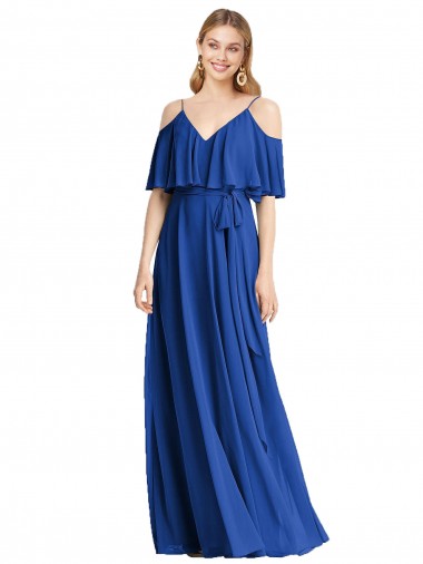 Vendeurs de Bleu roi Trapèze Bretelles spaghetti Col V Mousseline Longue Robes demoiselle d'honneur