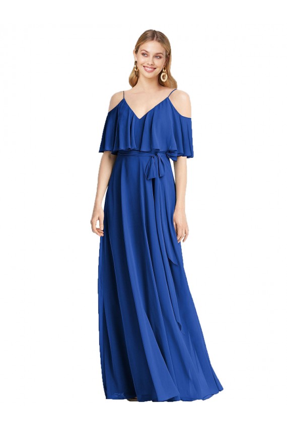 Vendeurs de Bleu roi Trapèze Bretelles spaghetti Col V Mousseline Longue Robes demoiselle d'honneur