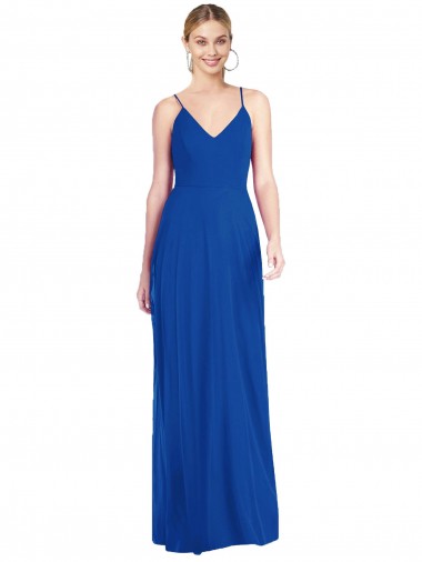 Vendeurs de Bleu roi Trapèze Bretelles spaghetti Col V Mousseline Longue Robes demoiselle d'honneur