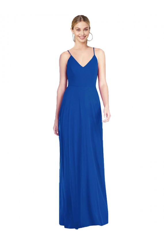 Vendeurs de Bleu roi Trapèze Bretelles spaghetti Col V Mousseline Longue Robes demoiselle d'honneur
