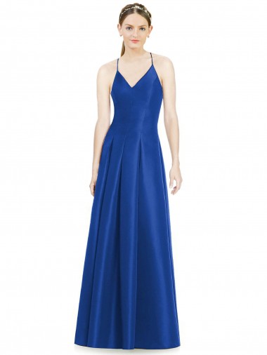 Vendeurs de Bleu roi Trapèze Bretelles spaghetti Col V Satiné Longue Robes demoiselle d'honneur