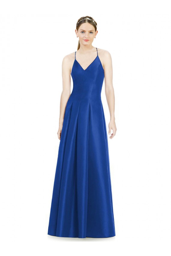 Vendeurs de Bleu roi Trapèze Bretelles spaghetti Col V Satiné Longue Robes demoiselle d'honneur