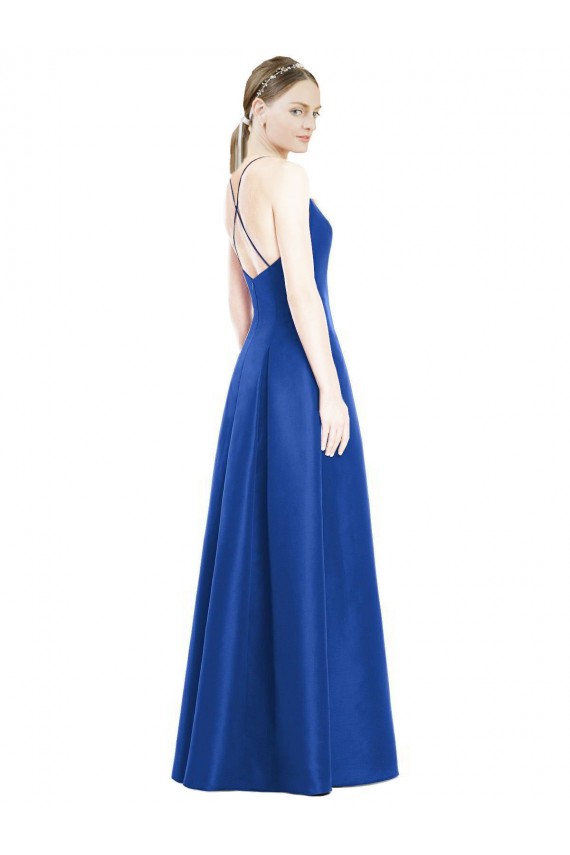 Vendeurs de Bleu roi Trapèze Bretelles spaghetti Col V Satiné Longue Robes demoiselle d'honneur