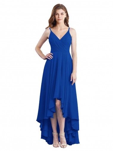 Vendeurs de Bleu roi Trapèze Bretelles spaghetti Mousseline Longue Asymétrique Robes demoiselle d'honneur