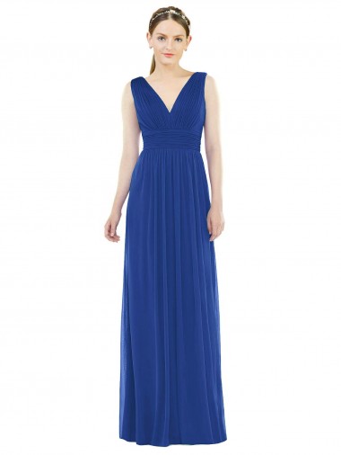 Vendeurs de Bleu roi Trapèze Col V Mousseline Longue Robes demoiselle d'honneur