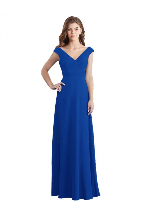 Vendeurs de Bleu roi Trapèze Col V Mousseline Longue Robes demoiselle d'honneur