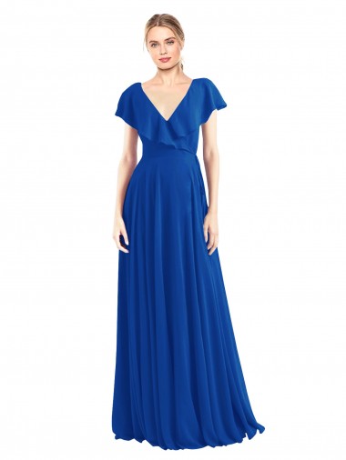 Vendeurs de Bleu roi Trapèze Col V Mousseline Longue Robes demoiselle d'honneur