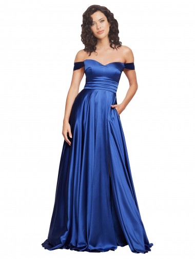 Vendeurs de Bleu roi Trapèze Épaule Dénudée Balayage train Satiné Stretch Longue Formelles Robes demoiselle d'honneur / Robes de soirée / Robes de bal