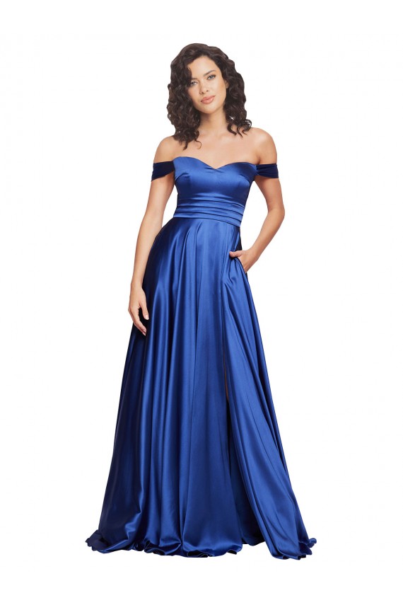 Vendeurs de Bleu roi Trapèze Épaule Dénudée Balayage train Satiné Stretch Longue Formelles Robes demoiselle d'honneur / Robes de soirée / Robes de bal