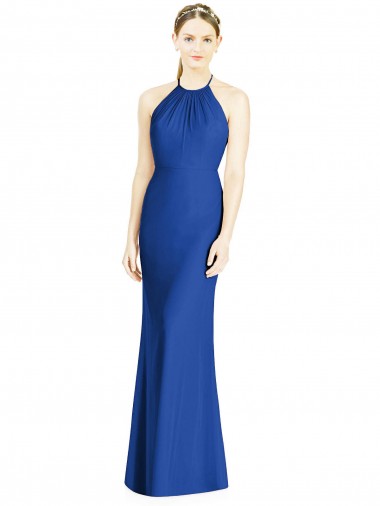 Vendeurs de Bleu roi Trompette Licou Col Haut Mousseline Longue Robes demoiselle d'honneur