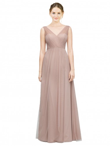 Vendeurs de Blush Trapèze Col V Tulle Longue Robes demoiselle d'honneur