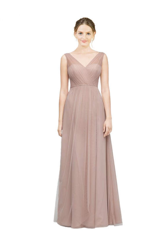 Vendeurs de Blush Trapèze Col V Tulle Longue Robes demoiselle d'honneur