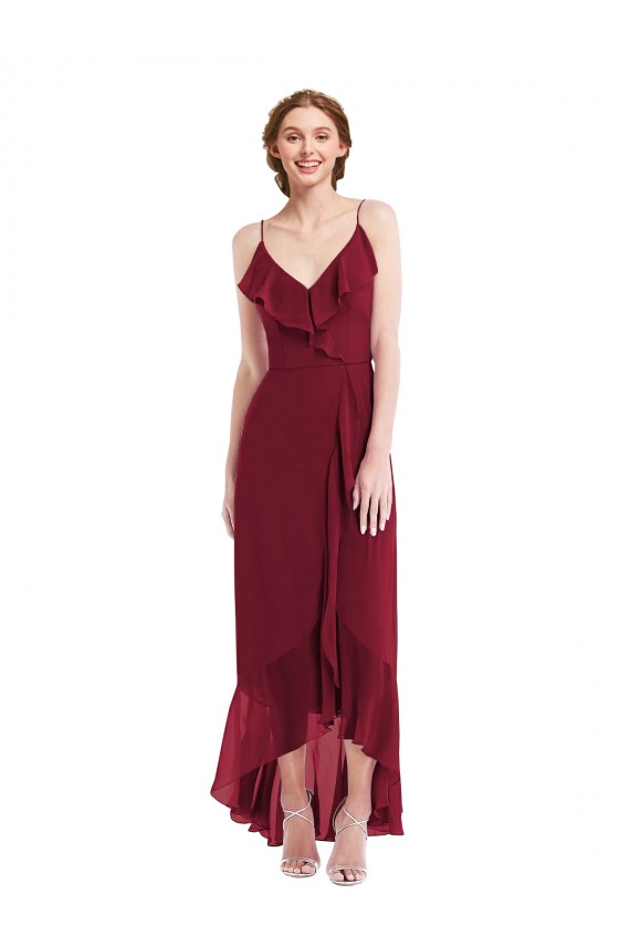 Vendeurs de Bordeaux Trapèze Bretelles spaghetti Col V Mousseline Longue Asymétrique Robes demoiselle d'honneur