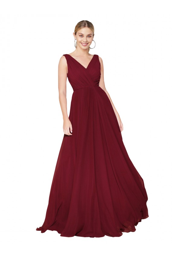 Vendeurs de Bordeaux Trapèze Col V Mousseline Longue Formelles Robes demoiselle d'honneur / Robes de soirée / Robes de bal