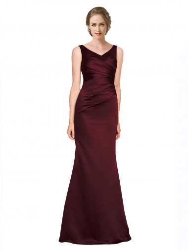 Vendeurs de Bordeaux Trapèze Col V Satiné Longue Formelles Robes demoiselle d'honneur / Robes de soirée / Robes de bal