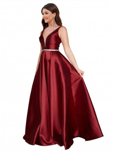Vendeurs de Bordeaux Trapèze Col V Satiné Longue Formelles Robes demoiselle d'honneur / Robes de soirée / Robes de bal