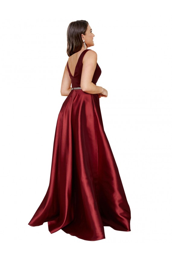 Vendeurs de Bordeaux Trapèze Col V Satiné Longue Formelles Robes demoiselle d'honneur / Robes de soirée / Robes de bal
