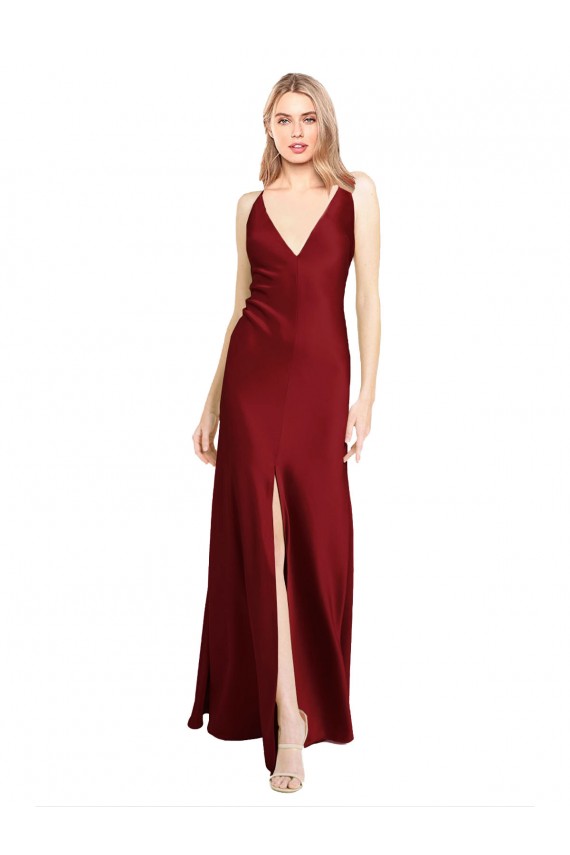 Vendeurs de Bordeaux Trapèze Col V Satiné Stretch Longue Formelles Robes demoiselle d'honneur / Robes de soirée / Robes de bal
