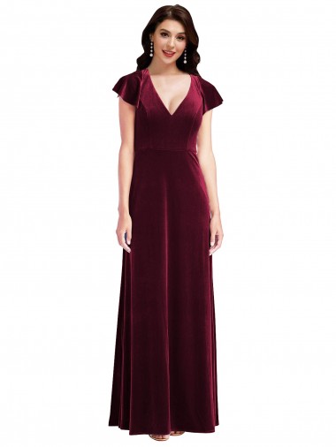 Vendeurs de Bordeaux Trapèze Col V Velours Stretch Longue Robes demoiselle d'honneur / Robes de bal