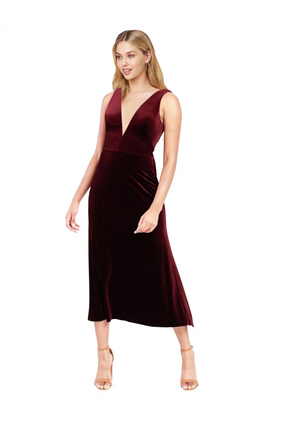 Vendeurs de Bordeaux Trapèze Col V midi Velours Stretch Courte Robes demoiselle d'honneur / Robes de bal / Robes de cocktail