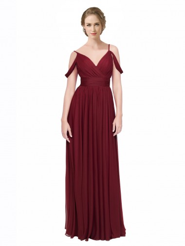 Vendeurs de Bordeaux Trapèze Épaule Dénudée Bretelles spaghetti Mousseline Longue Robes demoiselle d'honneur