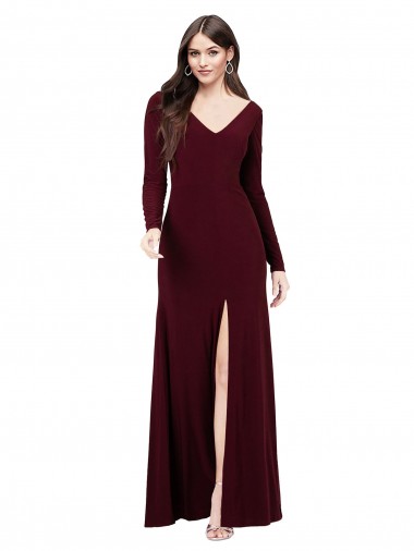 Vendeurs de Bordeaux foncé Fourreau Col V Spandex Longue Robes demoiselle d'honneur / Robes de bal